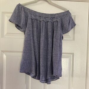 Anthropologie Bordeaux Blue White Striped Off Shoulder Linen Top Large